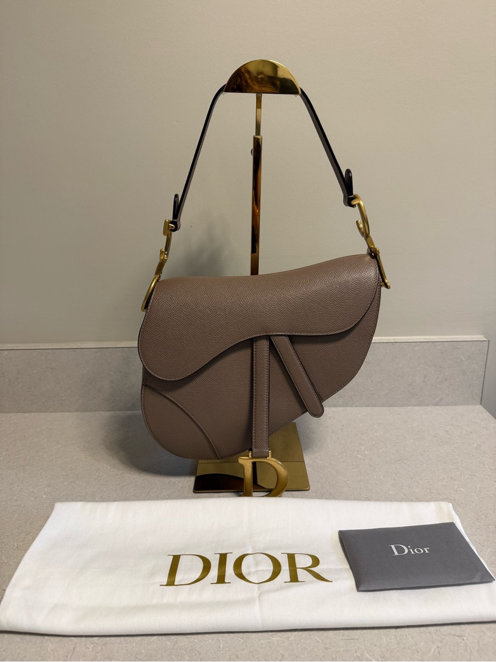 Auth Dior Saddle Shoulder Bag in Taupe, Made in Italy